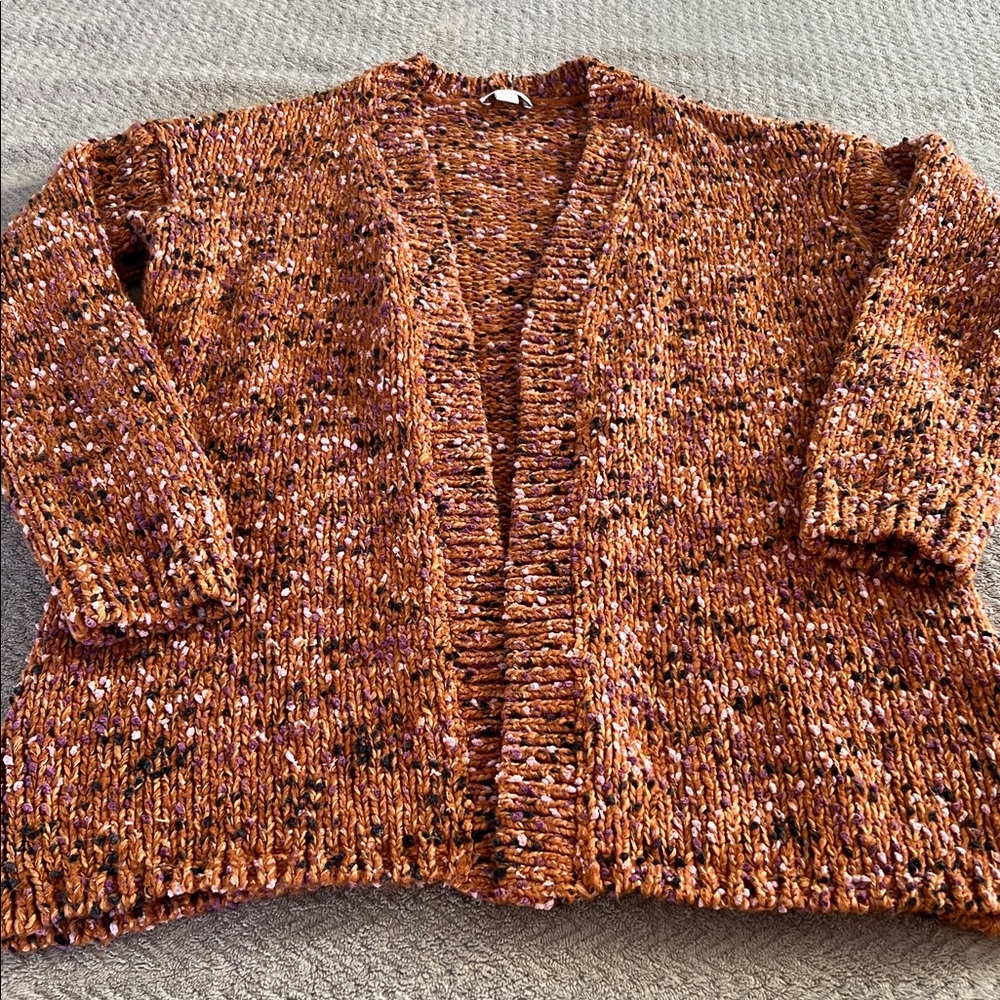 J.Jill Women’s Speckled Chunky Knit Cardigan XS Orange Purple Cozy Fall Sweater